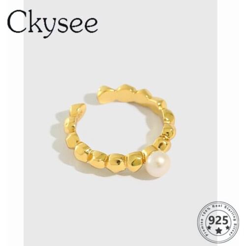 Ckysee New 925 Sterling Silver Korean Of Ins Minimalist Irregular 18k Gold Round Beads Ring For Women Inlaid Freshwater Pearl