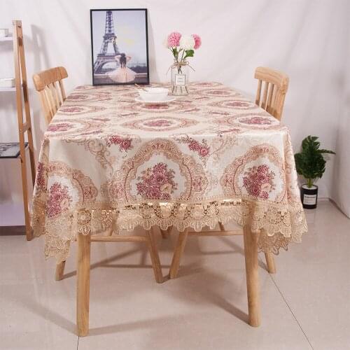 Classic European Style Newest Design Wedding Party Decorative Polyester Floral Tablecloth 130x180cm With Embroidered Lace Border