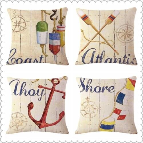 Droping cotton linen pillow pillow hand-painted illustration cushion anchor paddles Mediterranean style