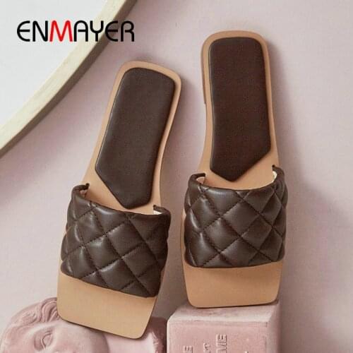 ENMAYER Pigskin Plaid Women Slippers Kid Suede Summer Indoor Shoes Woman Shallow Flat Square Heel Cute Slippers LightBlue Shoes