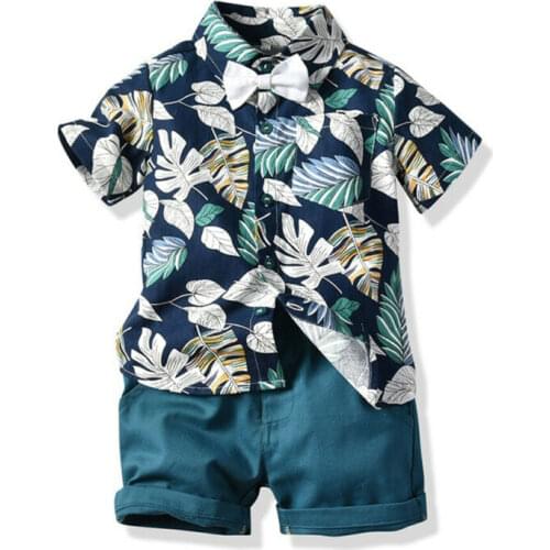 Fashion Toddler Baby Kid Boy 2PCS Outifit Set Banana Leaf Print Short T-shirt+Short Solid Pants Gentelman Clothes Set