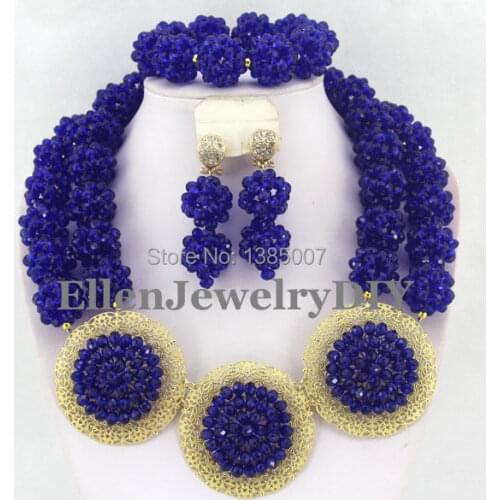 Royal Blue Crystal Balls Necklace Bracelet Earrings Sets Costume Jewellry Nigerian Wedding African Beads Jewelry Set W7444