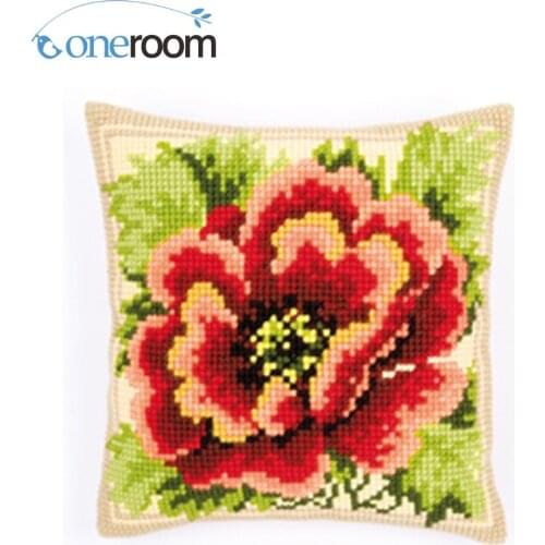 Red Flowers DIY Kit Unfinished Acrylic Yarn Embroidery Pillow Tapestry Canvas Cushion Front Cross Stitch Pillowcase