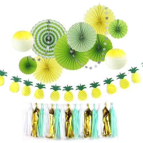 9pcs Summer Party Decoration Kit Pineapple Garland Paper Rosette/Lanterns Tassel Garland for Tropical Luau Beach Wedding Showers
