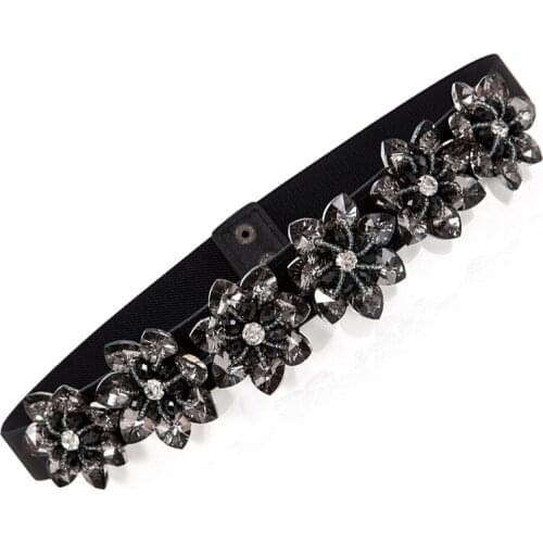 Summer Spring Fashion Women White Black Rhinestone Beading Flower Elastic Dress Waist Belt , Ladies Crystal Thin Waistband Belts