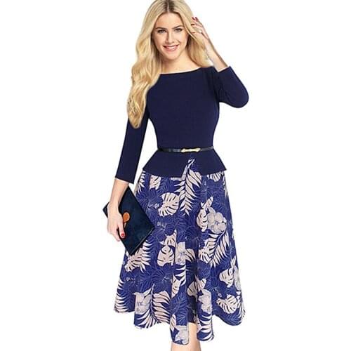 Hot Sale Autumn and Winter Womens Retro Blue Three-quarter Sleeve Sleeves Printed Fake Two-piece Slim Dress with Waist