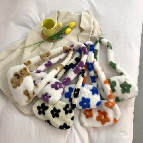 Fashion Womens Bag Flower Print Plush Shoulder Underarm Bags for Women Ladies Autumn Winter Small Purse Tote Shopper Handbags