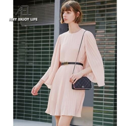 AEL Women Sweet summer dress women A-line hot pink female pleated mini dress Casual office ladies party dresses