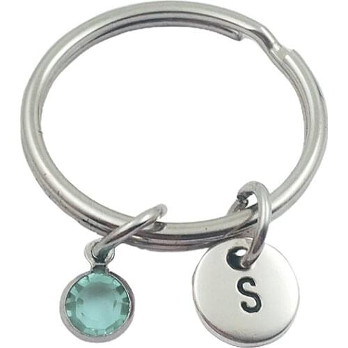 Simple Initial Letter Monogram Birthstone Keychains Keyring Creative Fashion Jewelry Women Gifts Accessories Pendant