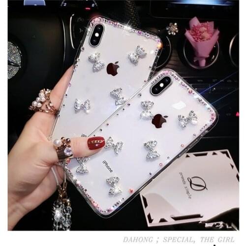 Luxury DIY Fashion Cute Bling Diamond Bowknot Case Cover With Crystal Neck Chain For Iphone 11 Pro XS Max XR X 8 7 6 6S Plus SE