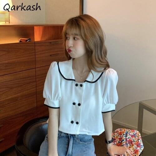 Shirts Women French Retro Short Sleeve Summer Design Temperament Double Breasted Tops Peter Pan Collar Cropped Preppy Clothes BF