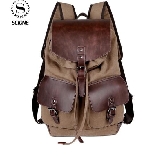 Scione 2020 Vintage Canvas Leather Backpacks for Men 15inch Laptop Men Travel Bags Male Outdoor travel large capacity backpack