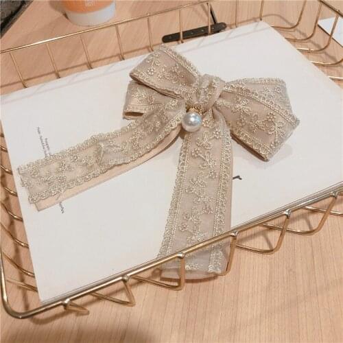 Palace style lady lady lace bow big pearl headdress cute hair accessories diamond hair clip embroidery hairpin satin decoration