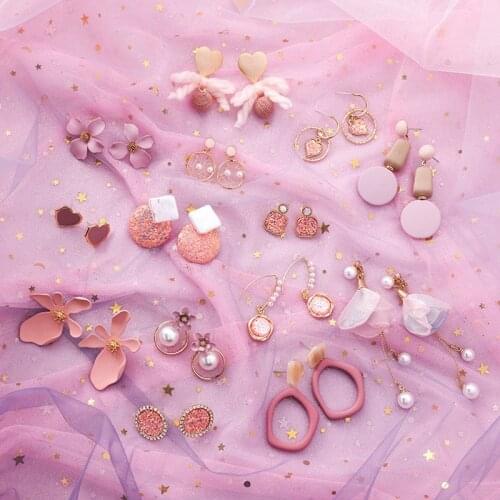 MENGJIQIAO 2019 New Fashion Pink Geometric Drop Eearrings For Women Sweet Snowflake Holiday Pearl Flower Pendientes Jewelry Gift