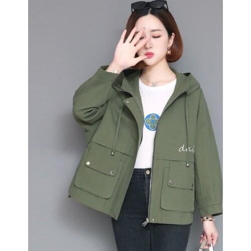 Korean Style Loose Jacket For Women Pocket Zipper Hooded Windbreaker Coat 2021 New Fashion Spring Autumn Outwear Plus Size 4XL