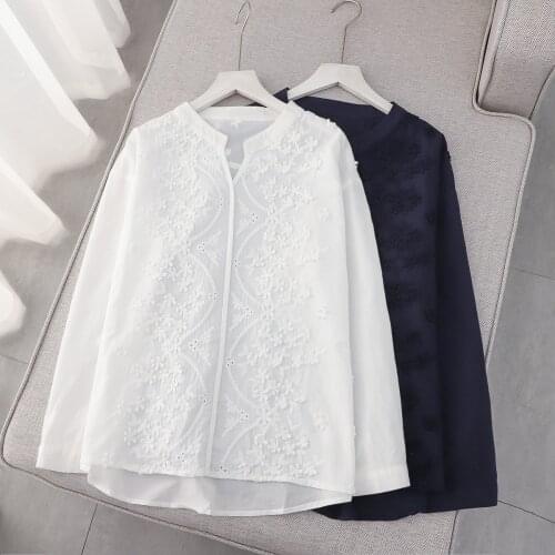 Floral Embroidery White Shirts Women Blouses Pullover V Neck Long Sleeve Lady Tops Loose Female Clothes