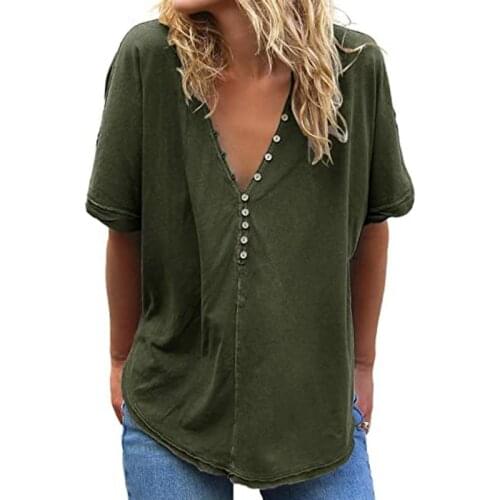 2021 Summer New Womens Tops Europe and America Loose V-neck Button Short Sleeve T-shirt