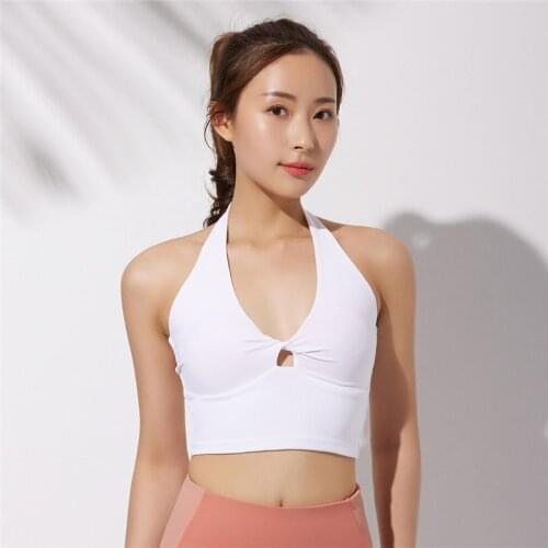 2021 New Low-Cut Kink Hollow Gathered Fitness Vest With Chest Pad Women Sexy Beauty Back Yoga Bra Hanging Neck V-Neck Sports Bra