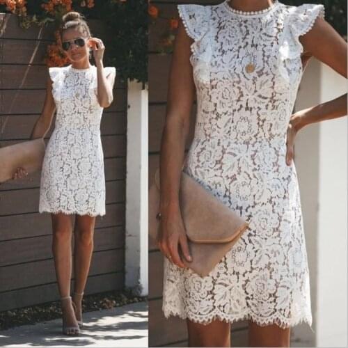 Womens White Lace Dress Sexy Round Neck Sleeveless Mini A-Line Beachwear Vestidos WDC7416