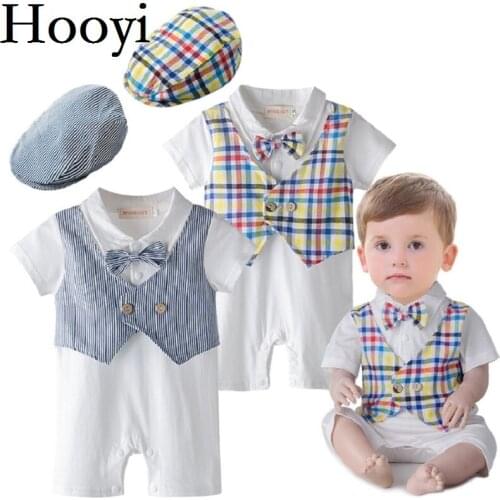 2018 Fashion Handsome Baby Boys Clothes Newborn Rompers Birthday Costumes Baby Jumpsuits Hats Short Sleeve Tuxedo 100% Cotton