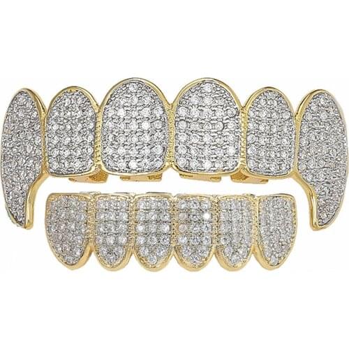 2021 Trend Cubic Zircon Hip Hop Fangs Teeth Grillz Top & Bottom Grills Dental Mouth Punk Teeth Caps Cosplay Party Rapper Jewelry