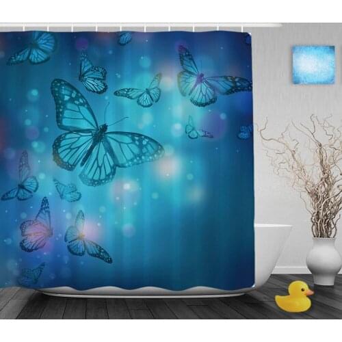 Beautiful Blue Butterflies Decor Bathroom Shower Curtains Shining Light Shower Curtain Waterproof Ployster Fabric With Hooks