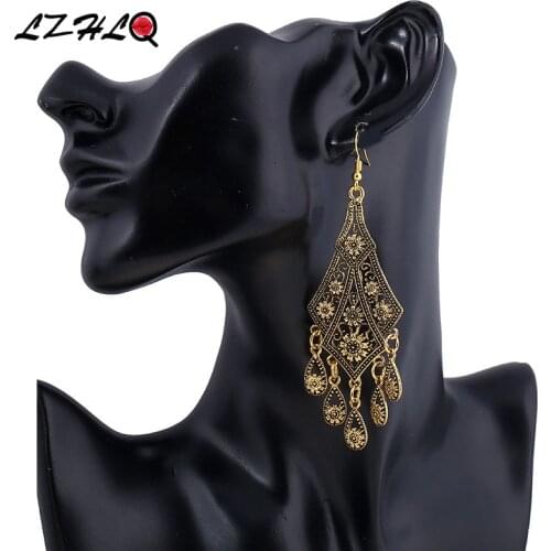 LZHLQ Vintage Water Drop Tassel Earrings Ethnic Carving Hollow Flower Metal Long Dangle Earring Women 2019 Fashion Brand Jewelry