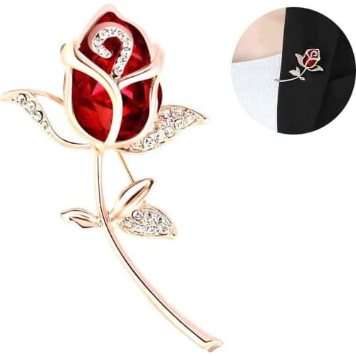 Fashion Rose Flower Rhinestone Inlaid Lapel Brooch Pin Crystal Red Rose Flower Brooch Women Clothing Accessories Cute