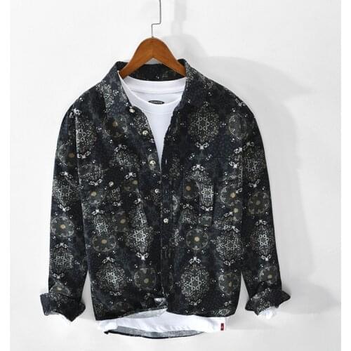 Fashion Retro Printed Cotton Shirt Jacket for Men Spring and Autumn Long Sleeved Casual Handsome Cotton Tops Male Loose Shirts