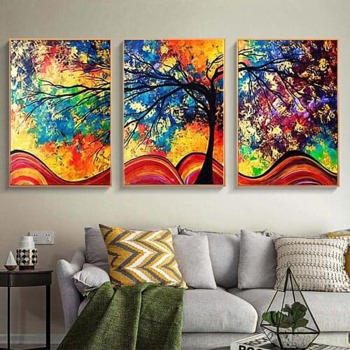 3 Panel Abstract Colorful Tree Diamond Painting Landscape Cross Stitch Kits Wall Art Diamond Mosaic Pictures For Room Decor