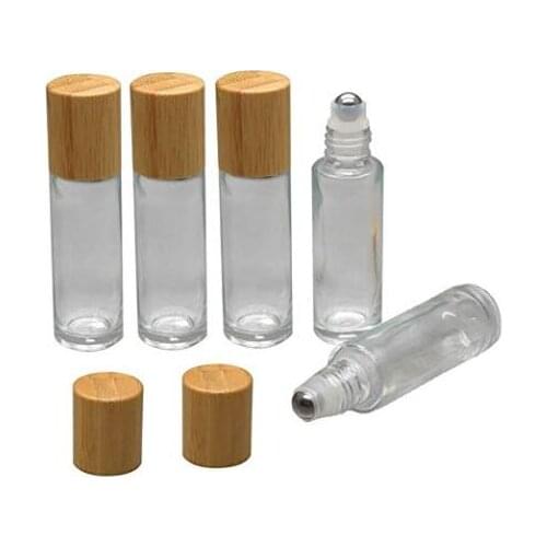 Natural bamboo lid cosmetic packaging attar perfume clear 15ml roll on glass bottle with roller ball,1/2 oz glass perfume bottle