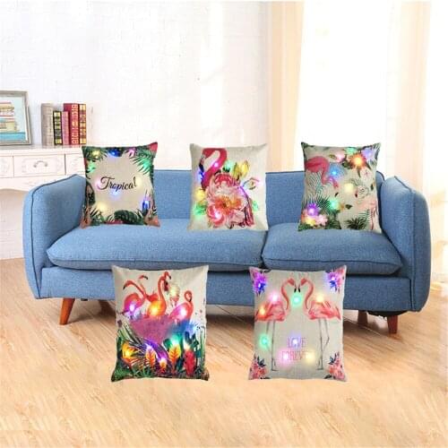 Nordic Tropical Flamingo Print Linen Cushion Cover LED Cushions Throw Pillow Case Home Decor Pillow Covers For Sofa Couch Seat