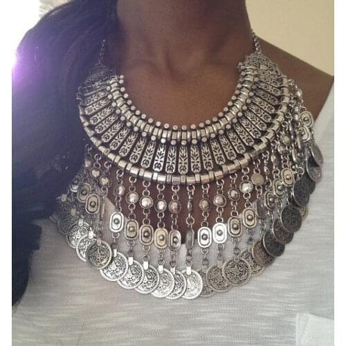 Afghan Ethnic Big Chunky Coin Tassel Bib Statement Necklaces for Women Boho Gypsy Tribal Turkish Hippie Jewelry Collar Necklace