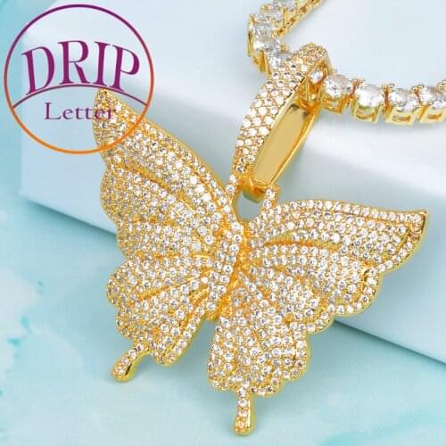 Butterfly Pendant Necklace Charm Gold Color Cubic Zircon For Men Hip Hop Animal Cuban Chain Jewelry