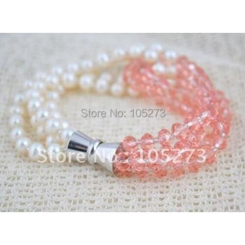 Stunning 4rows AA 4-7MM White Color Genuine Freshwater Pearl & pink Crystal Beads Bracelet 7.5inch Hot Sale New Free Shipping