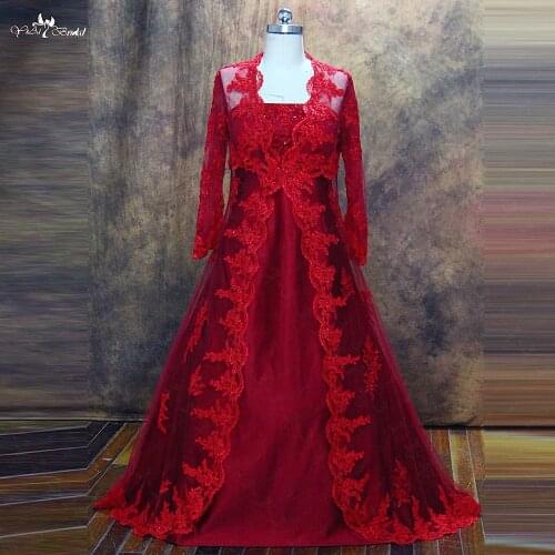 RSW477 Yiaibridal Real Job Muslim Two Pieces Skirt And Blouse Style Plus Size Long Sleeves Red Wedding Dress