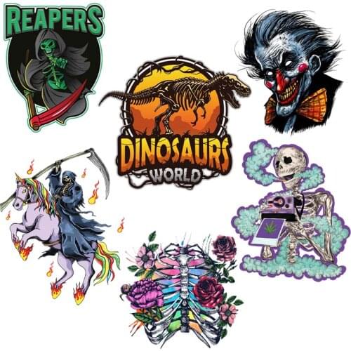 Punk Dinosaur Heat Thermal Transfer For T-shirt Clothes Skeleton Flowers Iron On Transfers For Clothing Iron On Patch Washable