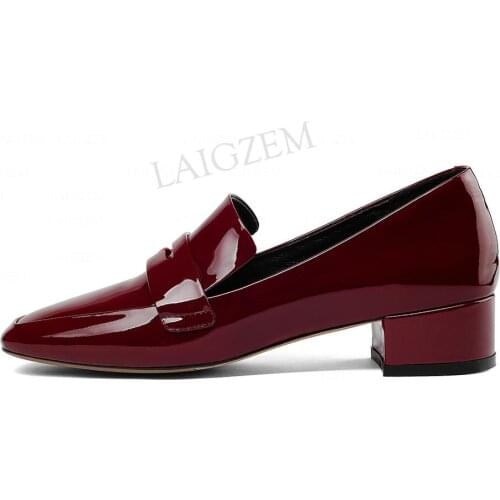 LAIGZEM FASHION Women Pumps LEATHER Low Block Heels Shiny Slip On Office Ladies Talon Female Shoes Woman Big Size 33 38 40 4142