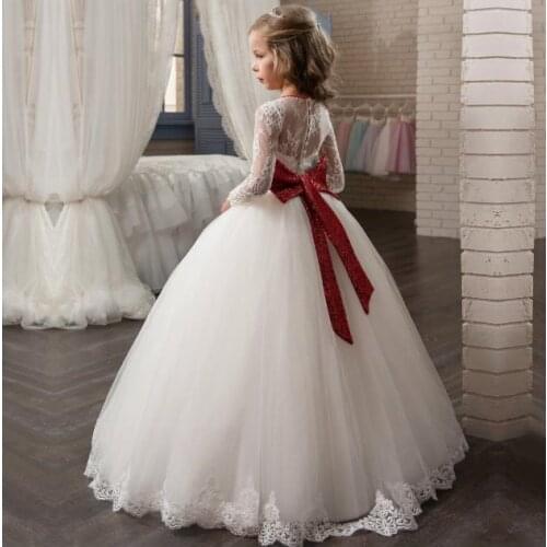 Vintage Long Sleeve Girls First Communion Dress Red Bow Back Lace Flower Girls Dresses Celebration Dresses Custom Princess Gowns