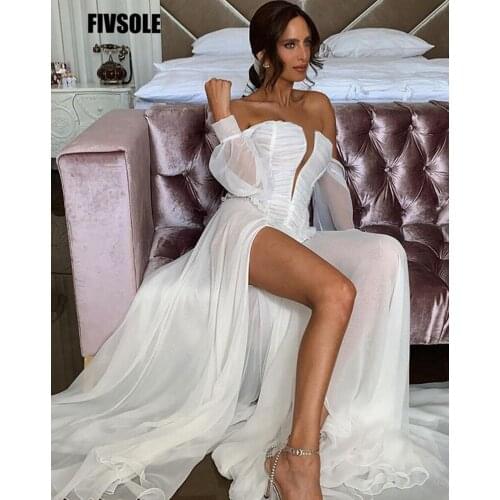 Fivsole Vintage Off The Puff Sleeves Wedding Dresses Organza A Line V Neck Slit Bride Gowns Floor Length Elegant Bridal Dress
