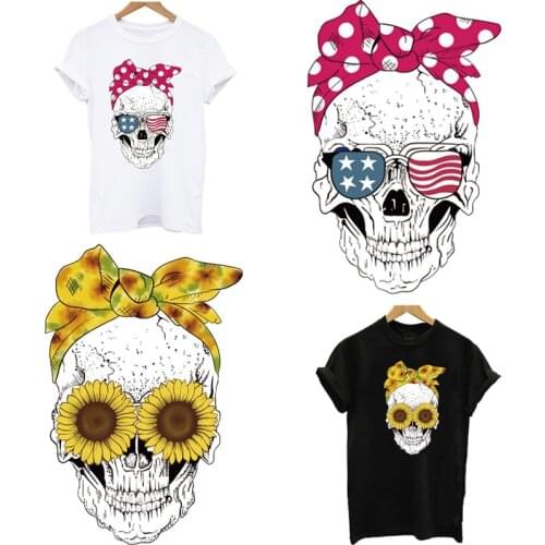 Funny Punk Skull Thermal Patches Sticker Print-on Women T-shirt Iron on Patches For Clothing Sun Flower Fashion Clothes Sticker