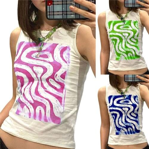 Summer Womens Sexy Sleeveless Camisole E-Girls 90s Irregular Stripe Printing O-Collar Tank Tops Slim Color Matching Base Shirt