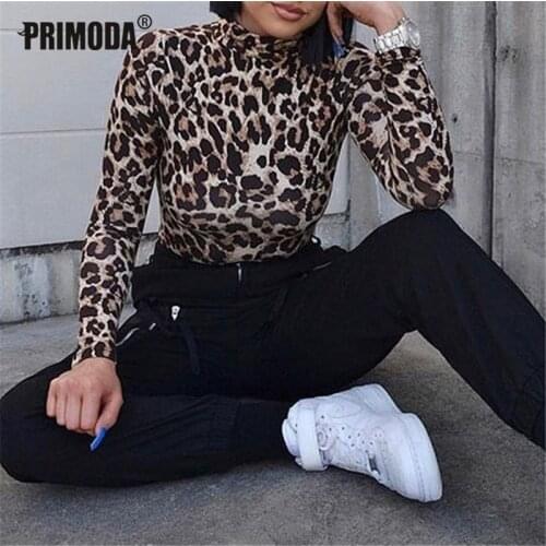 2020 Turtleneck Autumn Leopard Printed Bodysuits Women Bodycon Long Sleeve Party Body Club Rompers Outfits Sexy Mujer PR1087
