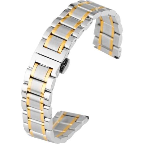 20mm Silver Gold Solid Stainless Steel Watch Band Push-Button Hidden Clasp High Quality Replacement Watchband for Wrist Watches