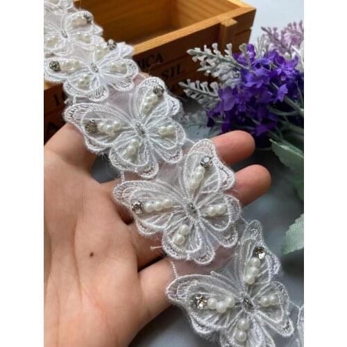 20 x White Ribbon Double Butterfly Rhinestones Embroidered Lace Trim Fabric Handmade DIY Sewing Craft For Hat Shoes Decoration
