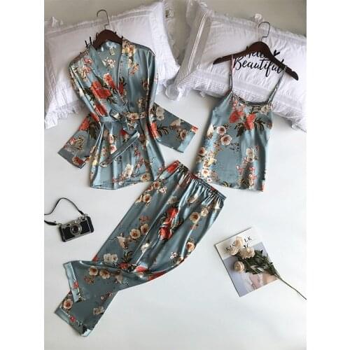 2020 New 3 PCS Women Pajamas Sets with Pants Sexy Pyjama Satin Flower Print Nightwear Silk Negligee Sleepwear Pyjama