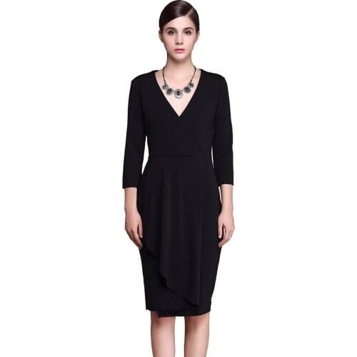 2021 Fashion Women Dress Ruffle Pencil Black Dress for Office Lady V-Neck Three Quarter Sleeve Women Clothing