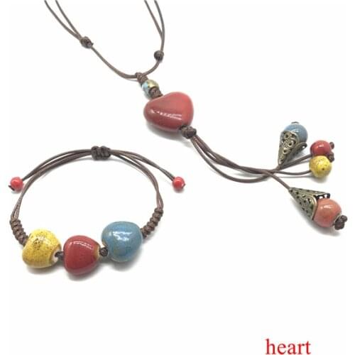 Bohemian Handmade Adjustable Length Ceramic Statement Long Necklace Suit Heart Pendant Necklace Bracelet Gift for Mother
