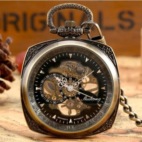 Antique Bronze Square Mechanical Pocket Watch Exquisite Round Dial Retro Pendant Clock Fob Chain Manual Mechanism Clock Gift