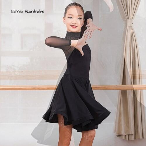 2021 New G3006 Kids Latin Dance Dress Long Sleeve Patchwork High Neck Girl Latin Dancing Cloth Stage Ballroom Dancewear
